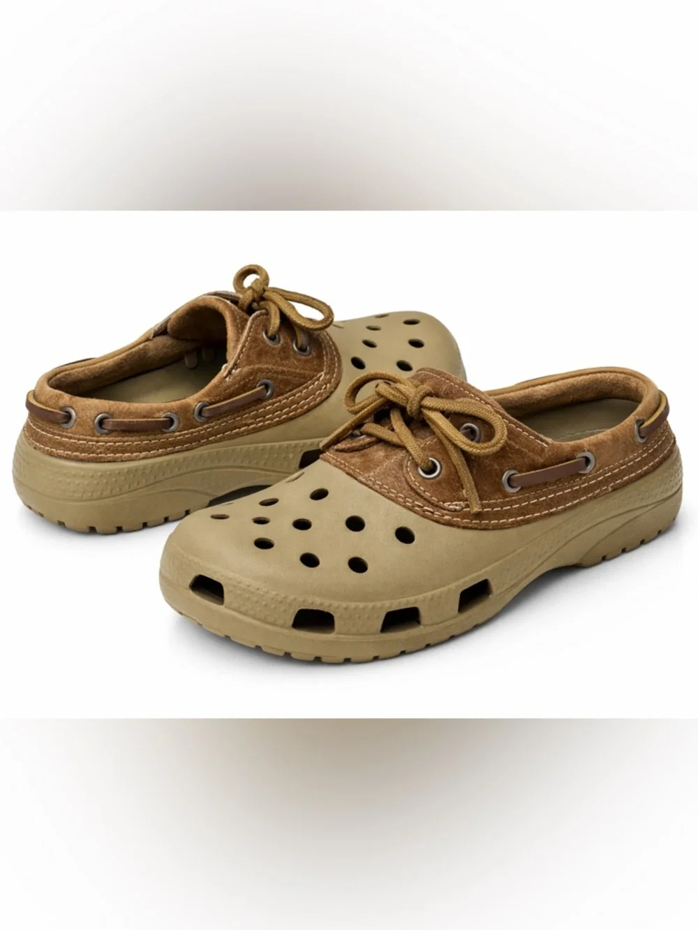 Crocs Islander Pitcrew Boat Shoe Clogs M6/W8 Unisex Leather Trim Brown Tan